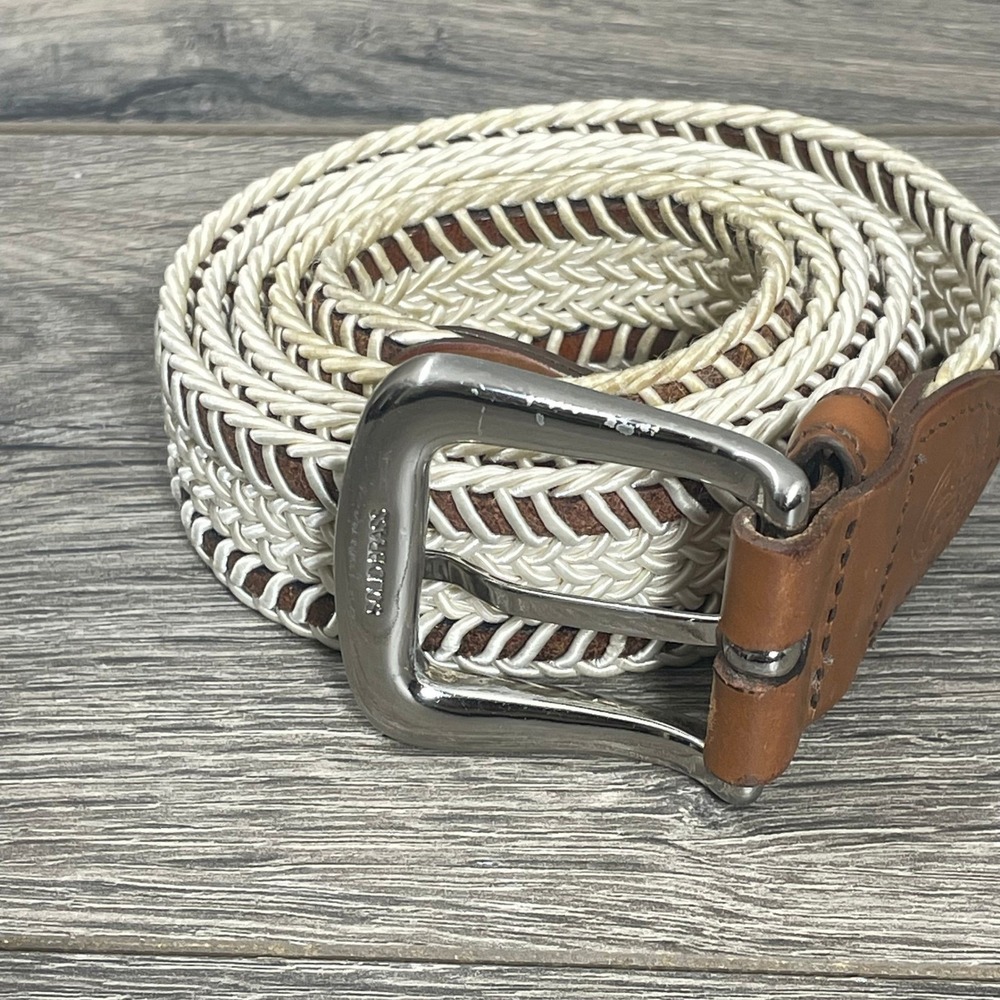 Torino Woven Belt Mens 34 Cream Brown Leather Solid Brass Buckle Made in USA